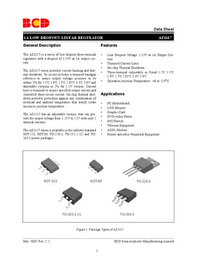 BCD Semiconductor AZ1117 Low Dropout Linear Regulator Datasheet - cover page