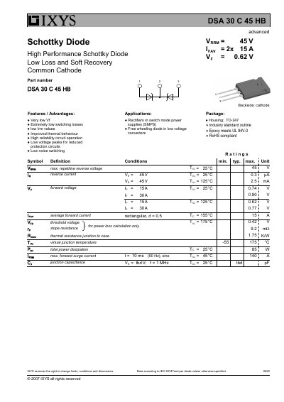 IXYS DSA 30 C 45 HB Schottky Diode Datasheet - cover page