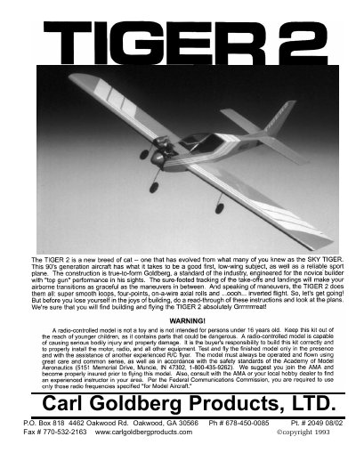 Carl Goldberg TIGER 2 Model Airplane Assembly Manual
