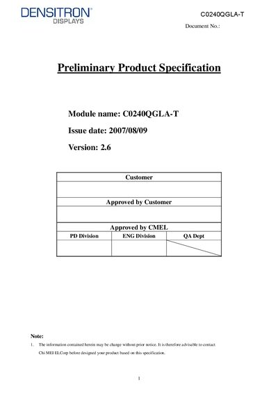 DENSITRON C024QGLA-T Preliminary Product Specification - cover page