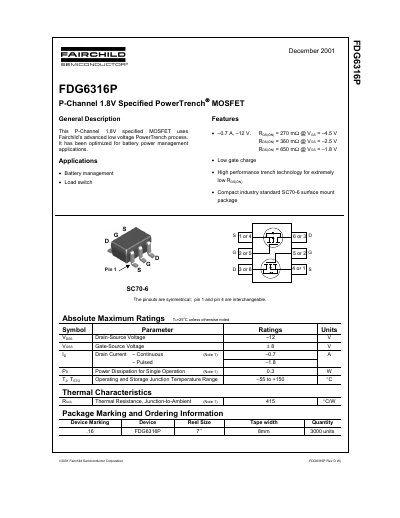 Fairchild Semiconductor FDG6316P P-Channel MOSFET Datasheet - cover page