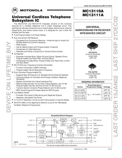 Motorola MC13110A MC13111A Universal Narrowband FM Receiver Integrated Circuit Datasheet - cover page