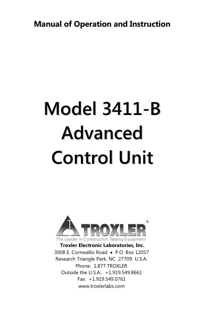 Troxler 3411-B Advanced Control Unit Manual of Operation and Instruction - cover page