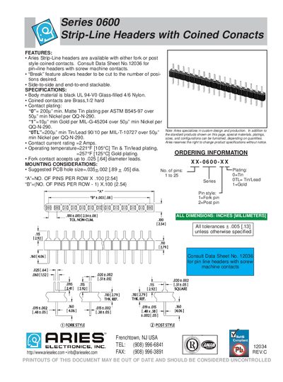 Aries Series 0600 Strip-Line Headers Product Datasheet - cover page