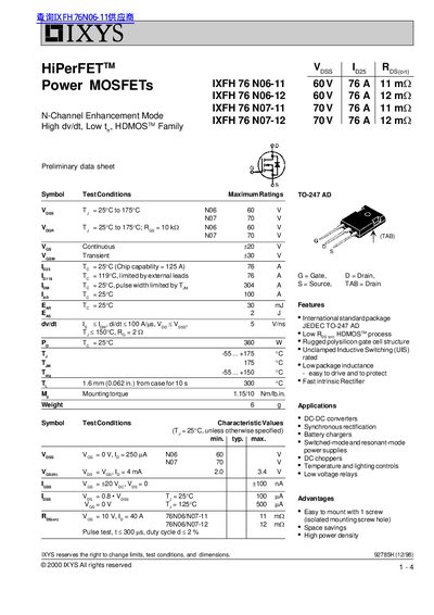 IXYS IXFH 76 N06-11/N06-12/N07-11/N07-12 handbook - cover page