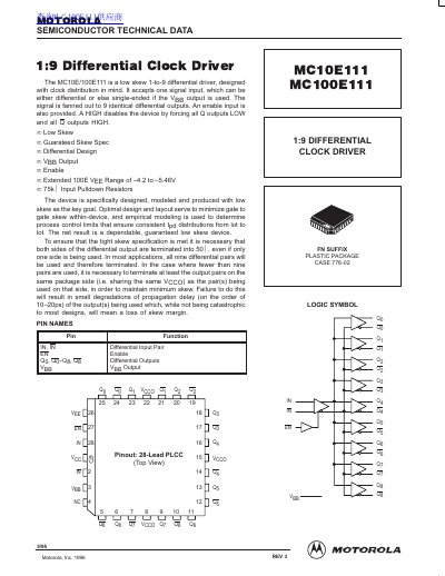 Motorola MC10E111/MC100E111 1:9 Differential Clock Driver Datasheet - cover page