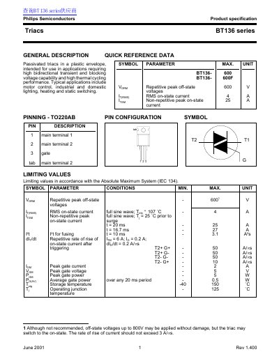 Philips BT136 Series Triac Datasheet - cover page