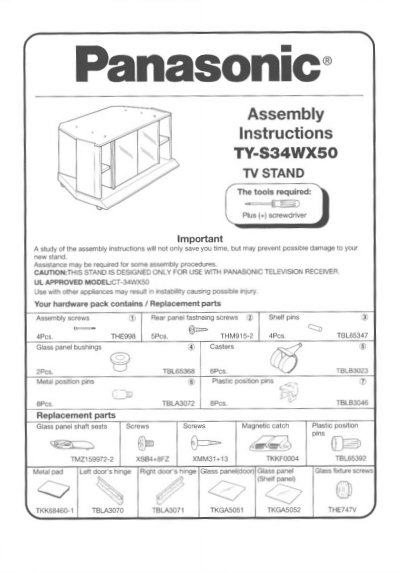 Panasonic TY-S34WX50 TV Stand Assembly Manual - cover page