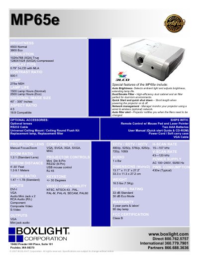 BOXLIGHT MP65e Projector Specifications Sheet - cover page