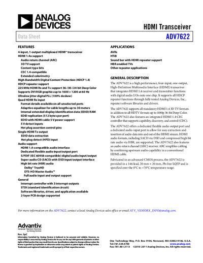 Analog Devices ADV7622 HDMI Transceiver Product Handbook - cover page