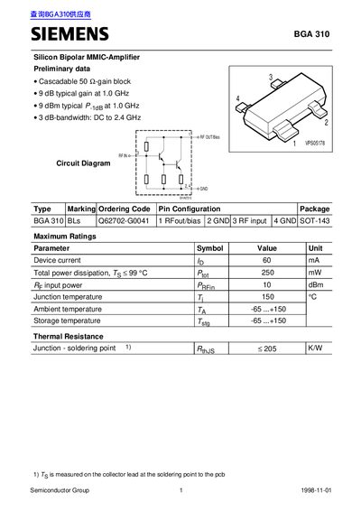 Siemens BGA 310 Silicon Bipolar MMIC-Amplifier Preliminary Data Sheet - cover page