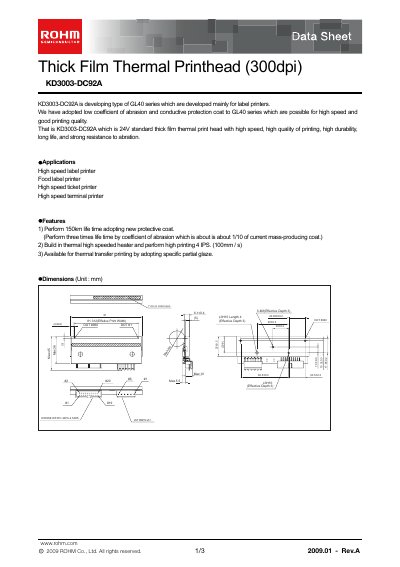 ROHM KD3003-DC92A Thick Film Thermal Printhead Datasheet - cover page
