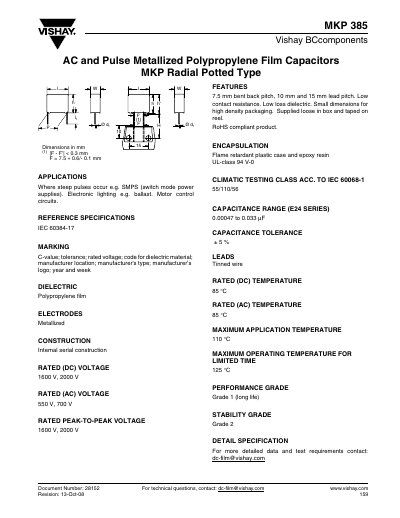 Vishay MKP 385 AC and Pulse Metallized Polypropylene Film Capacitor Datasheet - cover page