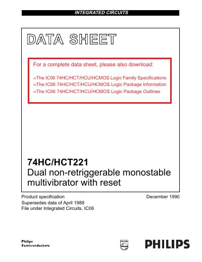 Philips 74HC/HCT221 Dual Non‑Retriggerable Monostable Multivibrator Datasheet - cover page