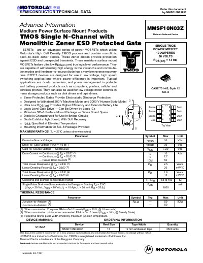 Motorola MMSF10N03Z TMOS Power MOSFET Datasheet - cover page