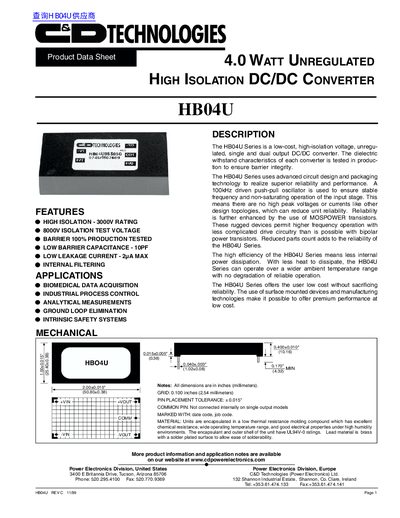 C&D Technologies HB04U 4W Unregulated High Isolation DC/DC Converter Datasheet - cover page