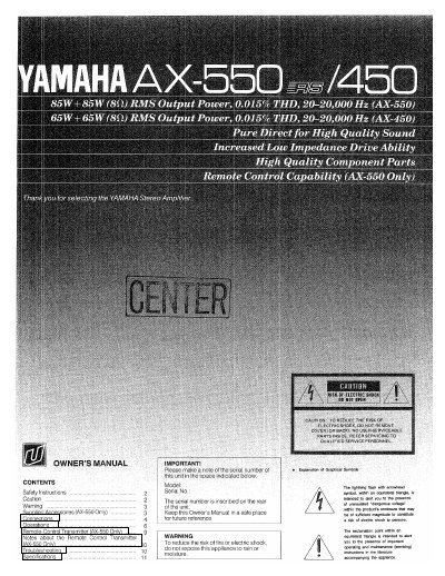 Yamaha AX-550 RS/450 Stereo Amplifier Owner's Manual