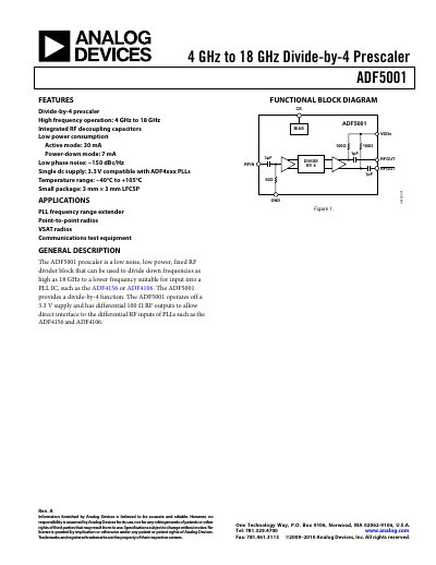 Analog Devices ADF5001 RF Prescaler Datasheet - cover page
