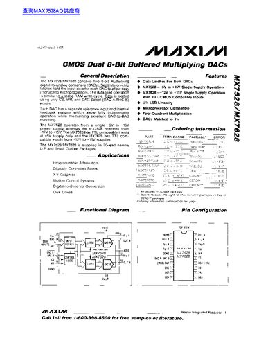 Maxim MX7528/MX7628 Dual 8‑Bit Multiplying DAC Datasheet - cover page