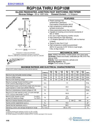 General Semiconductor RGP10A through RGP10M Rectifier Datasheet - cover page