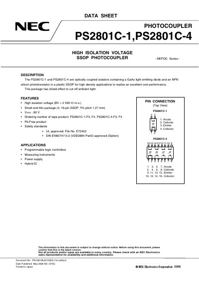 NEC PS2801C-1 / PS2801C-4 High Isolation Voltage SSOP Photo Coupler Datasheet - cover page