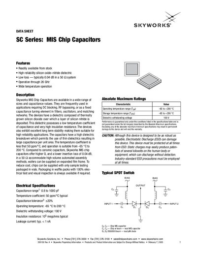 Skyworks SC Series MIS Chip Capacitors Data Sheet - cover page
