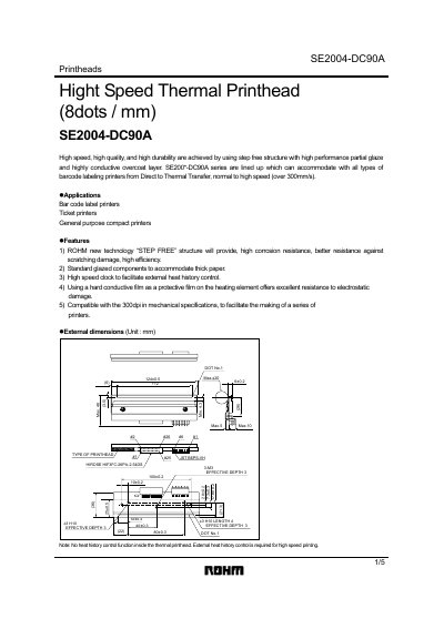 ROHM SE2004-DC90A High Speed Thermal Printhead Datasheet - cover page