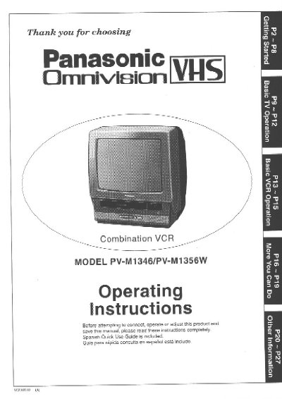 Panasonic PV-M1346/PV-M1356W Combination VCR Operating Instructions - cover page