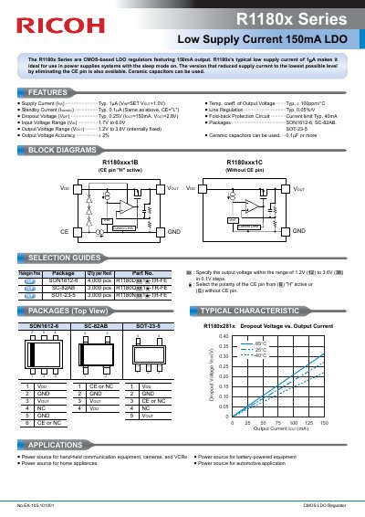 Ricoh R1180x Series CMOS LDO Regulator Datasheet - cover page