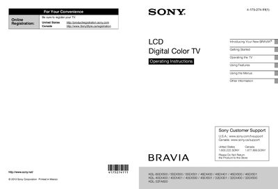 SONY KDL-60EX500 55EX500 55EX501 46EX400 46EX401 46EX500 46EX501 KDL-40EX400 40EX401 40EX500 40EX501 32EX301 32EX400 32EX500 KDL-32FA600 Manual
