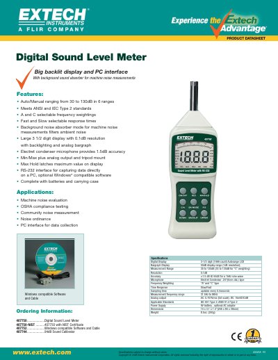EXTECH 407750....................Digital Sound Level Meter 407750-NIST ..........407750 with NIST Certificate 407752....................Windows compatible Software Cable 407744.................... - cover page