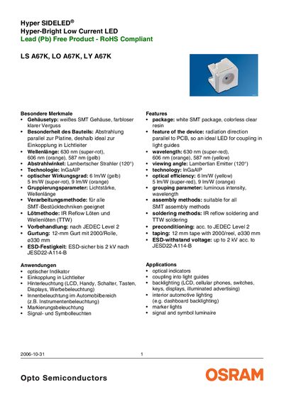 OSRAM LS A67K / LO A67K / LY A67K Hyper SIDELED Low Current LED Datasheet - cover page