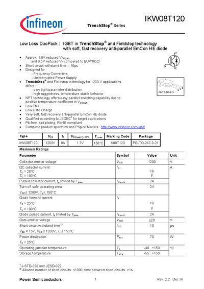 Infineon IKW08T120 Datasheet - cover page