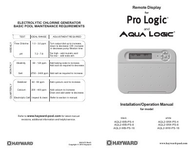 HAYWARD Installation/Operation Manual for model AQL2-WB-PS-4 AQL2-WW-PS-4 AQL2-WB-PS-8 AQL2-WW-PS-8 AQL2-WB-PS-16 AQL2-WW-PS-16 - cover page
