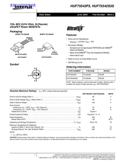Intersil HUF75542P3/HUF75542S3S UltraFET Power MOSFET Datasheet - cover page