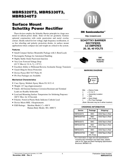 ON Semiconductor MBRS320T3/MBRS330T3/MBRS340T3 Surface Mount Schottky Power Rectifier Datasheet - cover page