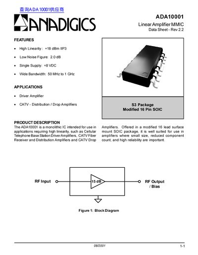 Anadigics ADA10001 Linear Amplifier MMIC Datasheet - cover page