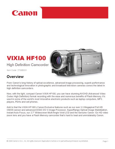 Canon VIXIA HF100 Camcorder User Manual - cover page