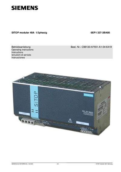 SIEMENS - SITOP modular 40A 1/2phasig 6EP1 337-3BA00 Manual