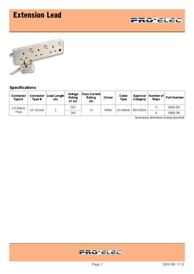Pro-Elec Extension Lead Datasheet - cover page
