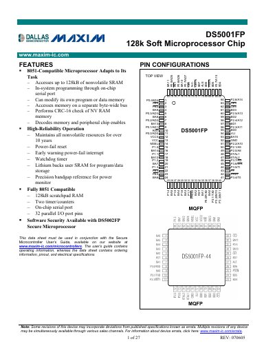 Maxim DS5001FP 128k Soft Microprocessor Data Sheet - cover page