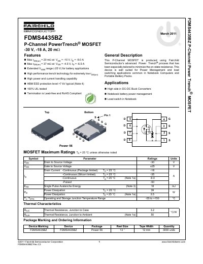 Fairchild FDMS4435BZ P-Channel MOSFET Datasheet - cover page