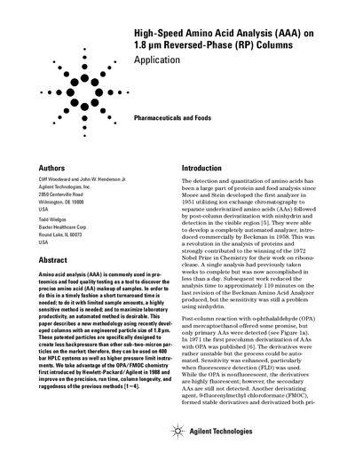 High-Speed Amino Acid Analysis on 1.8 um RP Columns Application Note - cover page