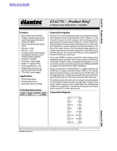 Elantec EL6275C 4-Channel Laser Diode Driver + Oscillator Product Brief - cover page