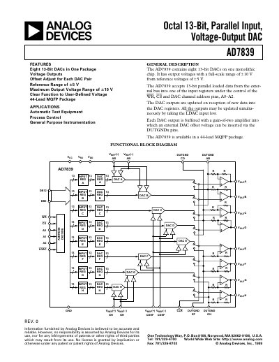 Analog Devices AD7839 13‑Bit Parallel Input Voltage‑Output DAC Datasheet - cover page