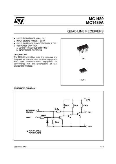 STMicroelectronics MC1489/MC1489A Quad Line Receiver Datasheet - cover page