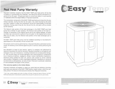 Hayward R-22 Models EASY TEMP Pool Heat Pump Owner's Manual - cover page