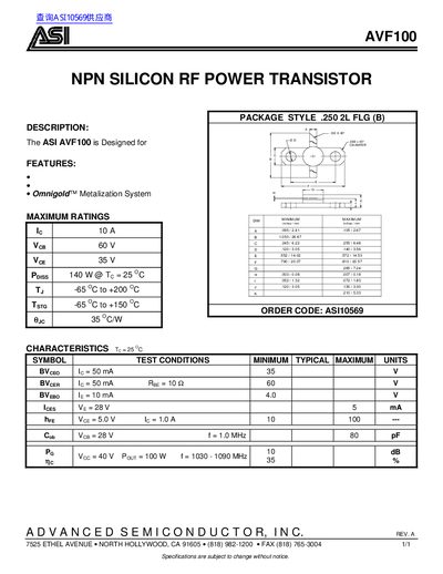 ASI AVF100 NPN Silicon RF Power Transistor Datasheet - cover page