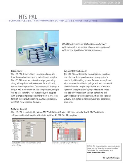 Agilent HTS PAL Autosampler Data Sheet - cover page