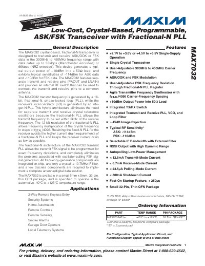 Maxim MAX7032 ASK/FSK Transceiver Datasheet - cover page